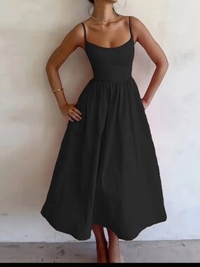 Classic Black Spaghetti-Strap Midi Dress